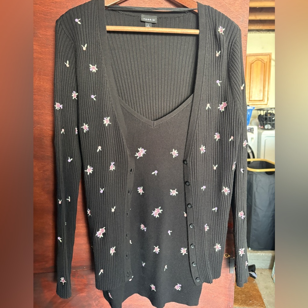 Torrid Black Knit Top with Purple Floral Detail